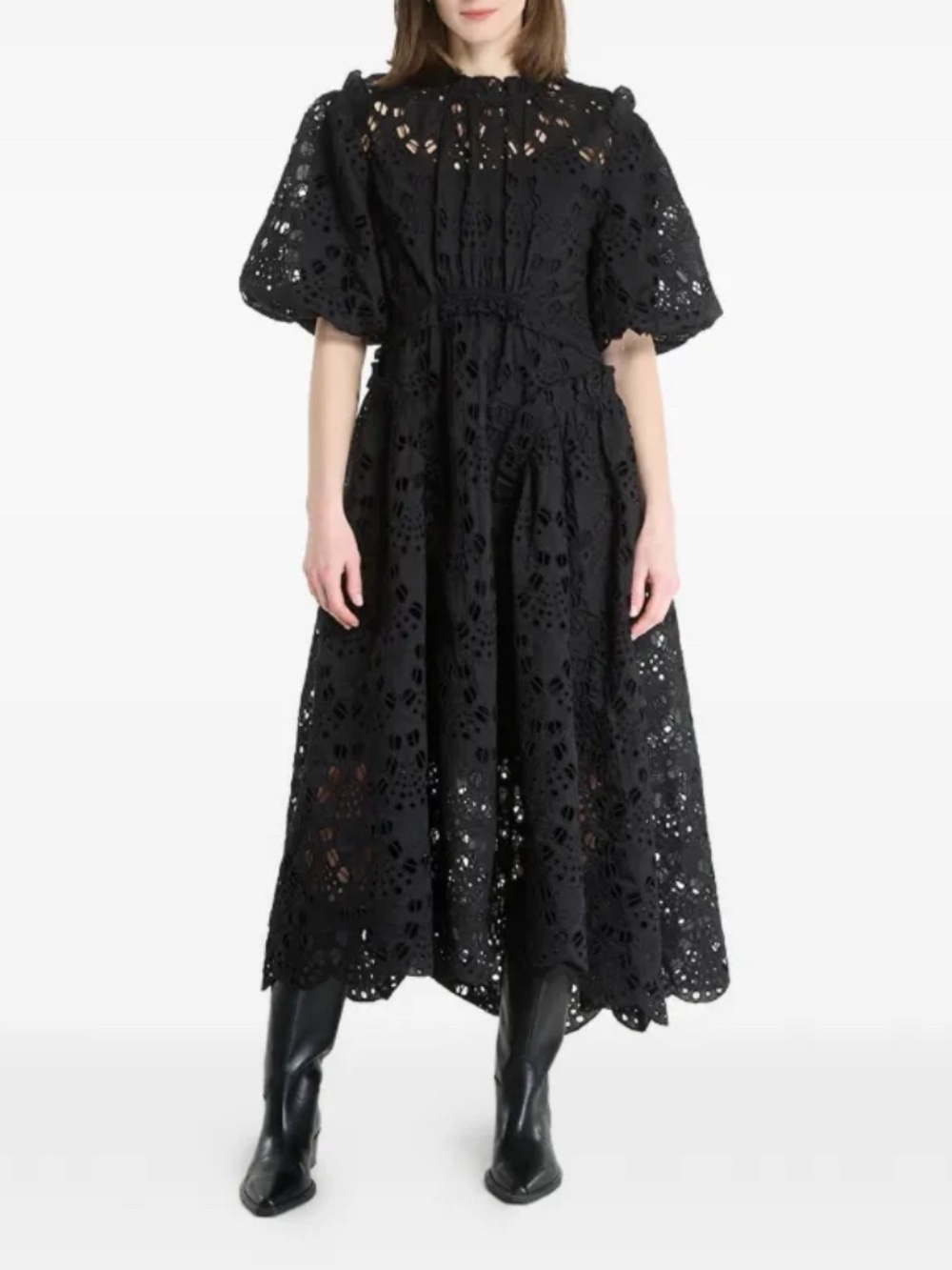 AllSaints black Odette broderie-anglaise puff-sleeve midi dress Puff Sleeves